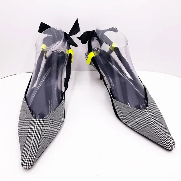 {Zara} Gray Plaid Slingback Bow Kitten Heels - Picture 7 of 16